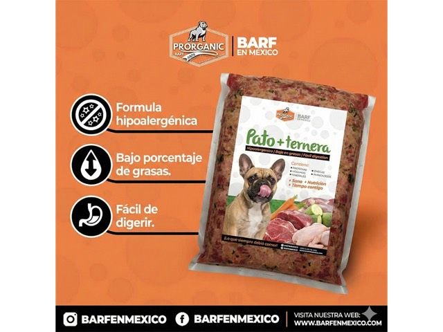 Dieta Pato con Pavo y Ternera BARF PRORGANIC: pato, pavo y ternera, empacada al vacío